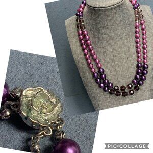 Graduated Double Beaded Necklace 18 In Purple Pearl Silver Flower Closure Retro